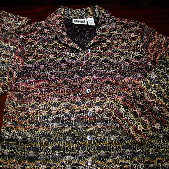 Chico's Metallic Multi-color Embroidered Stretch Mesh Blouse Size 0 Black - Picture 6 of 15